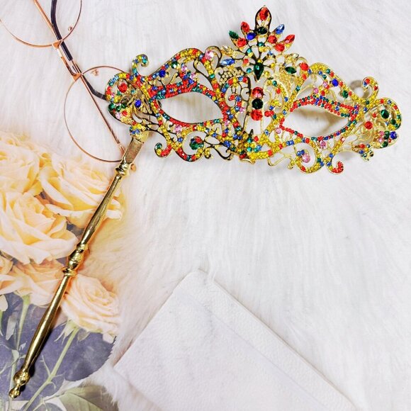 Rainbow Masquerade Mask, Crystal Handheld Mask, Gold Mask, Prom Mask, Pride Mask - Picture 1 of 9